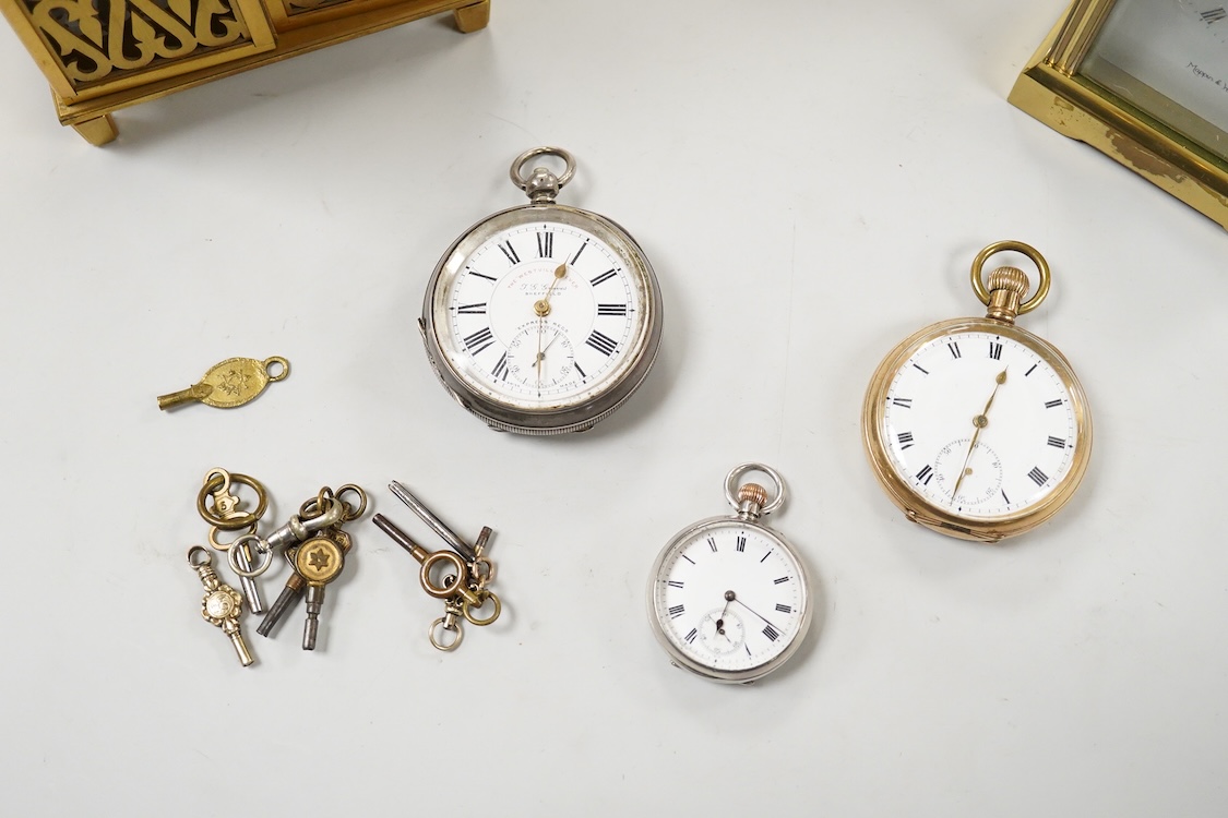 Two carriage clocks including a Jaeger LeCoultre(a.f), a 935 white metal fob watch, a gold plated open faced pocket watch, a 935 white metal 'The Westfield Lever' open faced pocket watch and a small quantity of watch key